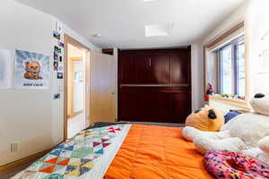 Bedroom featuring a skylight and light carpet