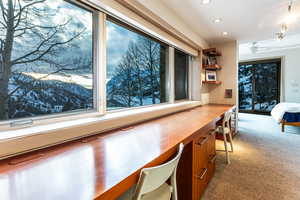 Interior space with carpet floors and butcher block counters