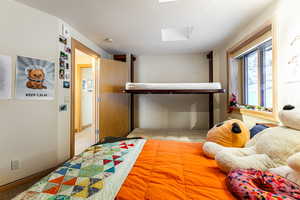 Carpeted bedroom with a skylight