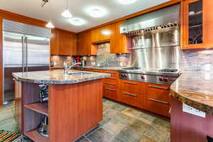 Kitchen featuring decorative backsplash, stainless steel appliances, ventilation hood, decorative light fixtures, and a center island with sink