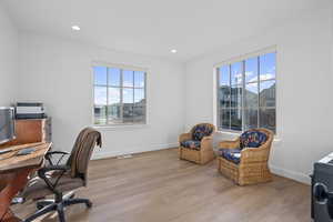 Office area featuring a mountain view, a healthy amount of sunlight, and light wood-type flooring