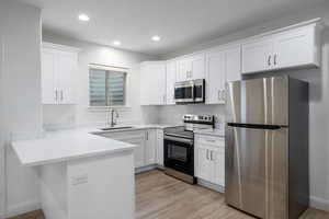 Apartment Kitchen featuring kitchen peninsula, stainless steel appliances, sink, white cabinets, and light hardwood / wood-style floors