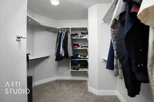 Primary spacious closet featuring light colored carpet