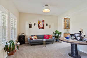 Carpeted living room with plenty of natural light