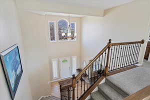 Staircase with hardwood / wood-style floors and a notable chandelier