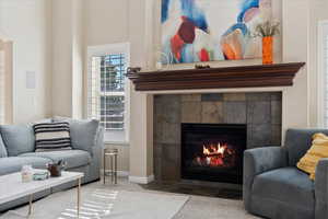 Carpeted living room with a fireplace