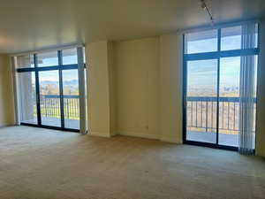 Empty room featuring light carpet, a mountain view, and track lighting