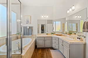 Bathroom featuring plenty of natural light, vanity, wood-type flooring, and independent shower and bath