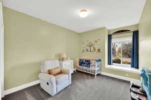 Bedroom with a nursery area and dark colored carpet