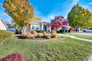 View of front of property featuring a front lawn and a garage