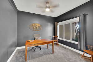 Carpeted office space featuring ceiling fan and crown molding