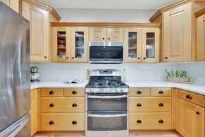 Kitchen featuring backsplash, light brown cabinetry, and appliances with stainless steel finishes