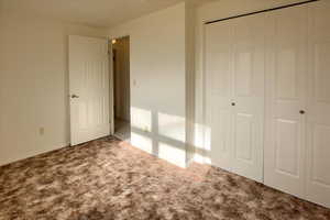 Unfurnished bedroom with carpet floors and a closet