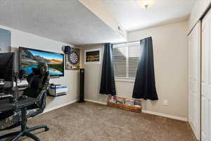 Office space with carpet and a textured ceiling