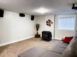 Living room featuring a wood stove, carpet floors,