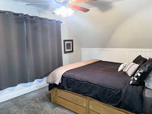 Bedroom with carpet flooring and ceiling fan