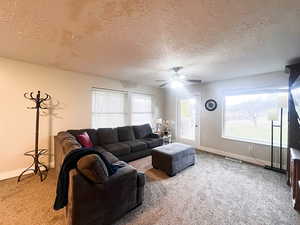 Carpeted living room with ceiling fan and large windows to watch the wildlife