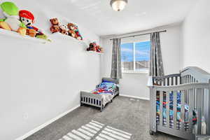 Bedroom with carpet floors and a nursery area