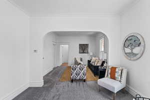 Interior space featuring crown molding and dark carpet