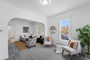 Carpeted living room featuring ornamental molding