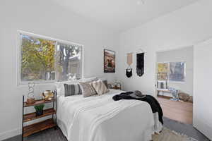 Bedroom featuring carpet flooring and multiple windows