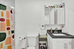 Bathroom featuring curtained shower, vanity, and toilet