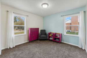 Sitting room featuring carpet flooring