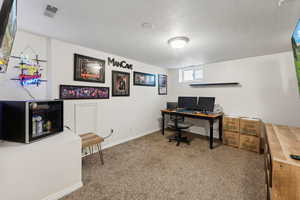 Office featuring carpet floors and a textured ceiling