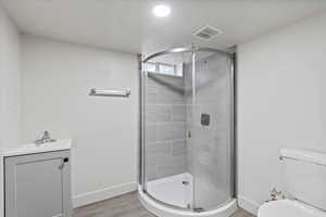 Bathroom with an enclosed shower, vanity, toilet, and wood-type flooring