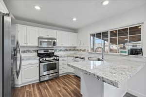 Kitchen featuring tasteful backsplash, kitchen peninsula, sink, and appliances with stainless steel finishes