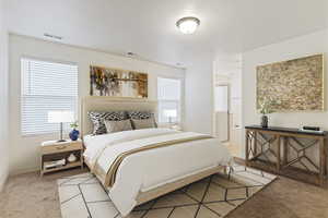 Bedroom with ensuite bathroom, light carpet, and multiple windows