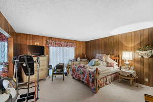 Bedroom featuring wood walls, light carpet, and a textured ceiling