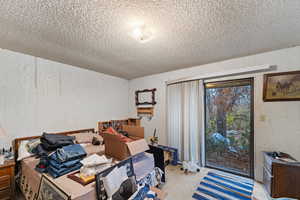 Bedroom with light carpet and a textured ceiling