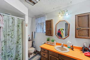 Bathroom featuring vanity, a textured ceiling, toilet, and a shower with shower curtain