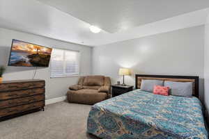 Carpeted bedroom featuring a textured ceiling