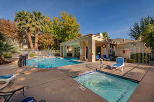 View of swimming pool featuring a hot tub and a patio area