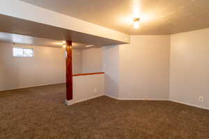 Basement with dark colored carpet