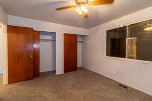 Master bedroom with multiple closets, ceiling fan, and carpet floors