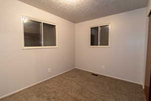 Carpeted bedroom with textured ceiling