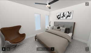 Bedroom featuring ceiling fan and light colored carpet