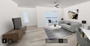 Living room with light hardwood / wood-style flooring and ceiling fan