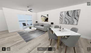 Dining room with ceiling fan and light hardwood / wood-style floors