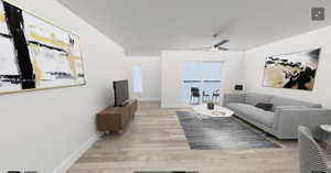 Living room with light wood-type flooring and ceiling fan