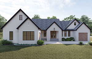 Modern inspired farmhouse featuring a front lawn, a garage, and french doors