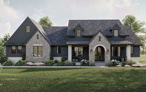 View of front of house with a porch and a front yard