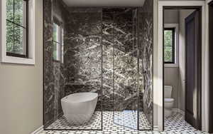 Bathroom featuring tile patterned flooring, separate shower and tub, toilet, and a wealth of natural light