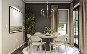 Dining room featuring hardwood / wood-style flooring, ornamental molding, and a chandelier