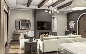 Living room with a fireplace, beamed ceiling, wood-type flooring, and a notable chandelier