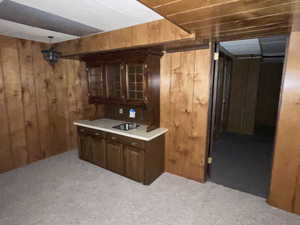 Bar with wooden walls, dark brown cabinets, carpet, and sink