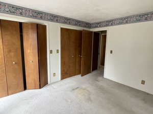 Unfurnished bedroom featuring light colored carpet and a textured ceiling